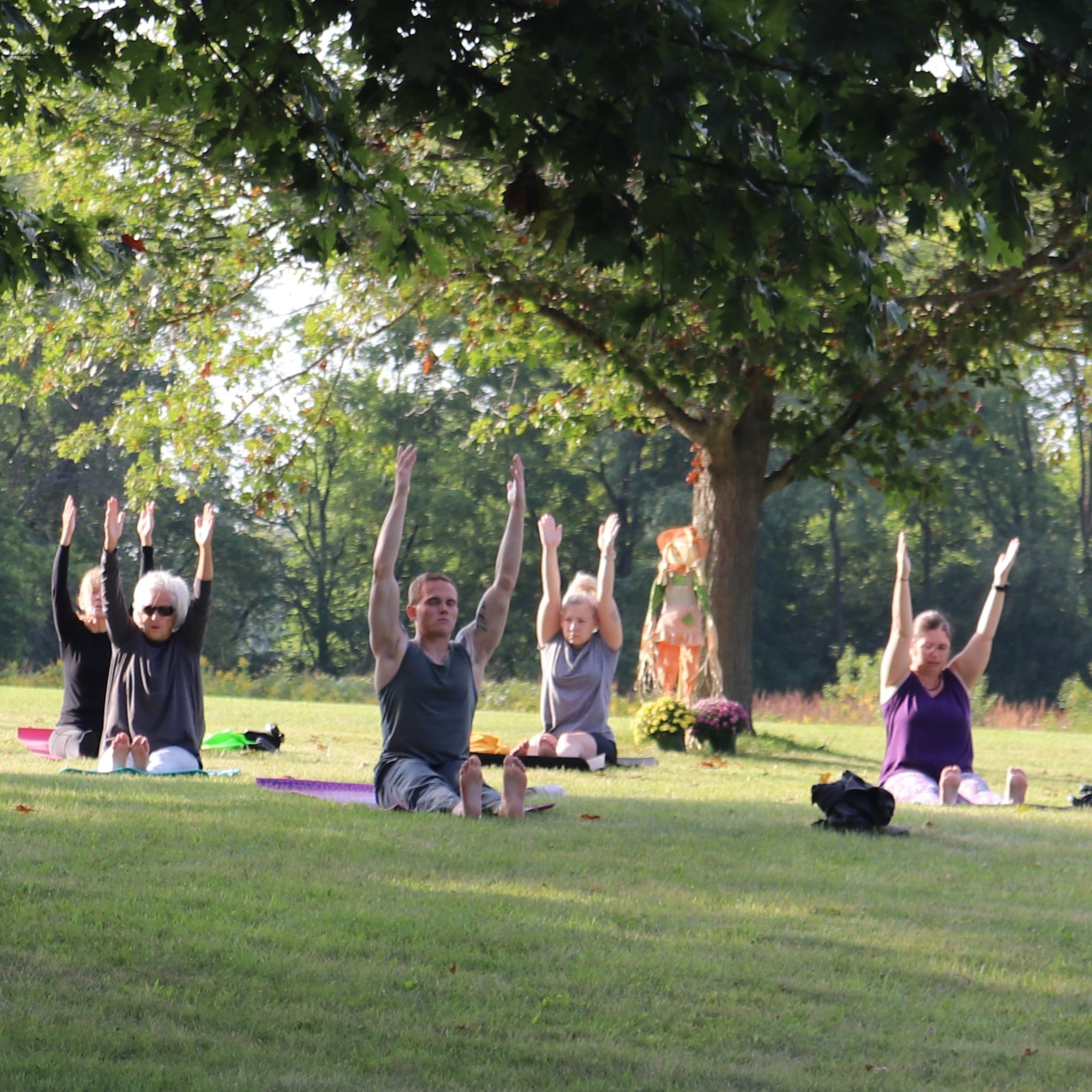 Adults doing a yoga class in the park